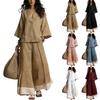 Women Casual V Neck 3/4 Bell Sleeve Top with Contrast Cuff and Wide Leg Long Pants Set Loose Fit Two Piece Outfit