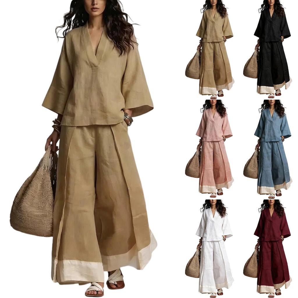 Women's 2 Piece Casual Loungewear Outfit Set - V Neck Top with 3/4 Bell Sleeve Cuffs and Wide Leg Pants, for Spring and Summer Wear