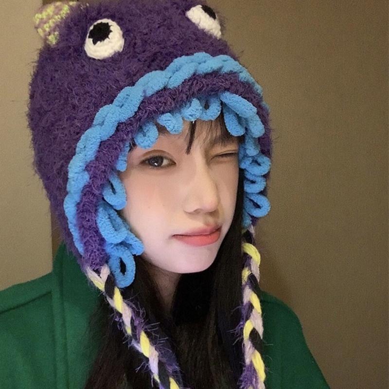 Winter Warm Plush Hat for Women Funny Monsters Hat Hooded Skull Hat Outdoor Activity Cap Windproof Headwear Pullover Hat