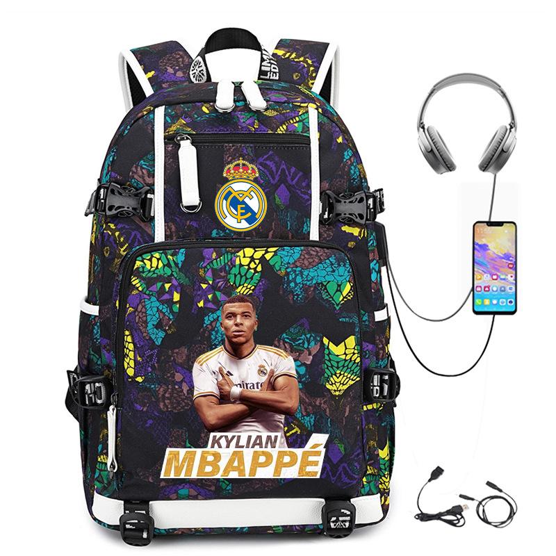 Multifunctional Camo Backpack for Students, USB Charging Casual Travel Daypack, Football Star Print Design