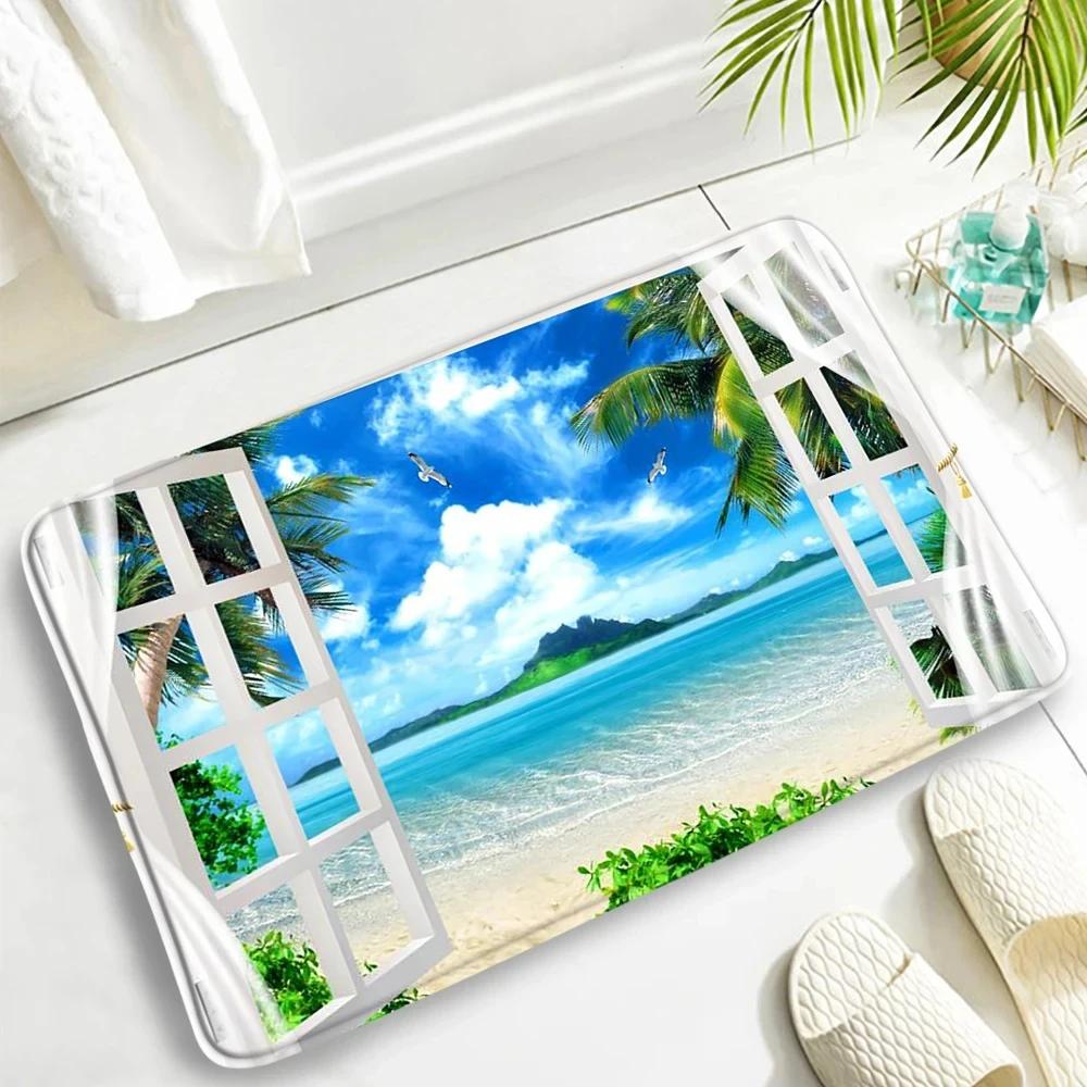 Summer Ocean Beach Carpet Hawaii Island Palm Trees Nature Scenery Bathroom Rug Non-slip Entrance Doormat for Living Room Decor