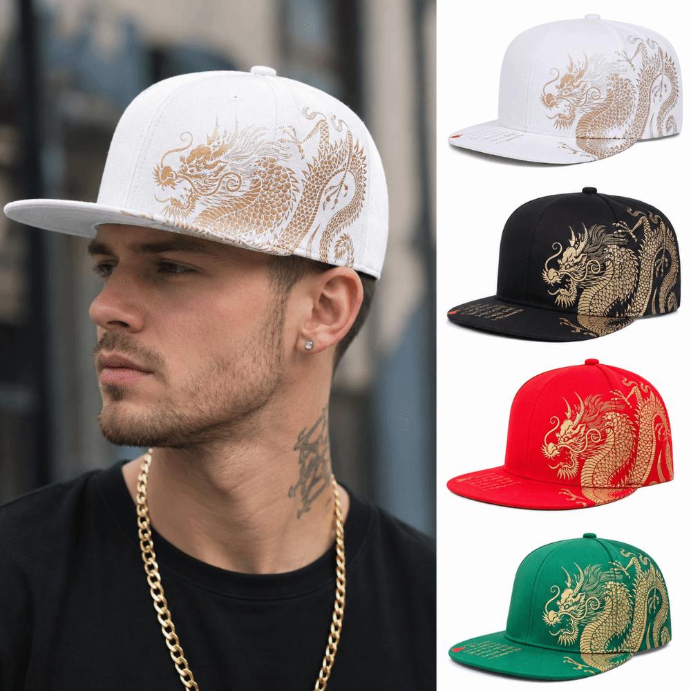Adjustable Flat Brim Snapback Hat Chinese Golden Loong Print Streetwear Snapback  Streetwear Style