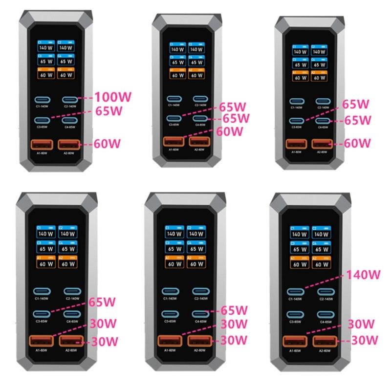 240W Charging Adapter 6 In 1 140W USB Type C Digital Display Fast Charging Station for Mobile Phone Laptop Electronics