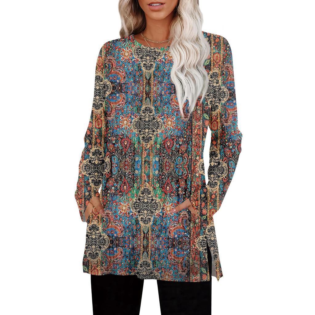 Womens Sweaters Crewneck Long Sleeve Shirts With Pockets Fall Outfits  Fashion Winter Clothing Side Slit