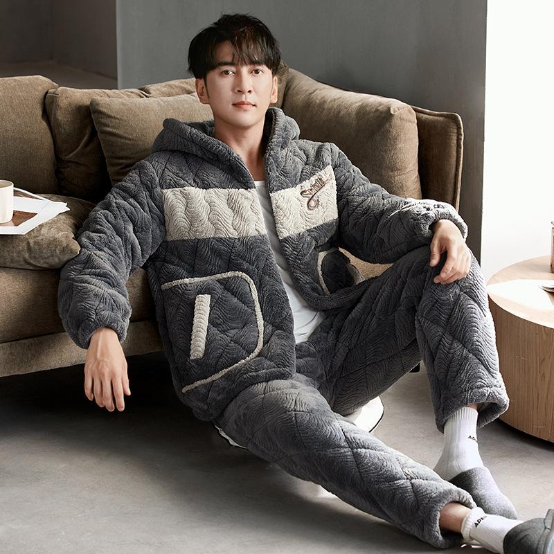 

Пижама мужская зимняя утолщенная и бархатная трехслойная стеганая хлопковая для сохранения тепла коралловый флис осень и зима мужской комплект домашней одежды на молнии 3XL