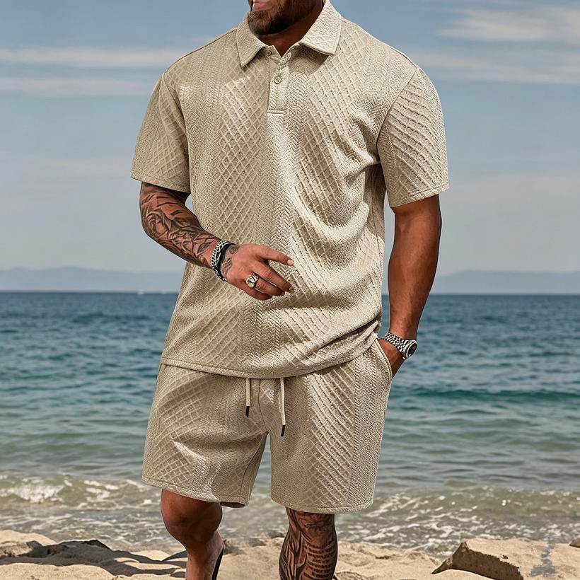 European and American Men's Summer Thin, Loose, Breathable, Casual Solid Color Jacquard Lapel Short Sleeved Polo Shirt for Men