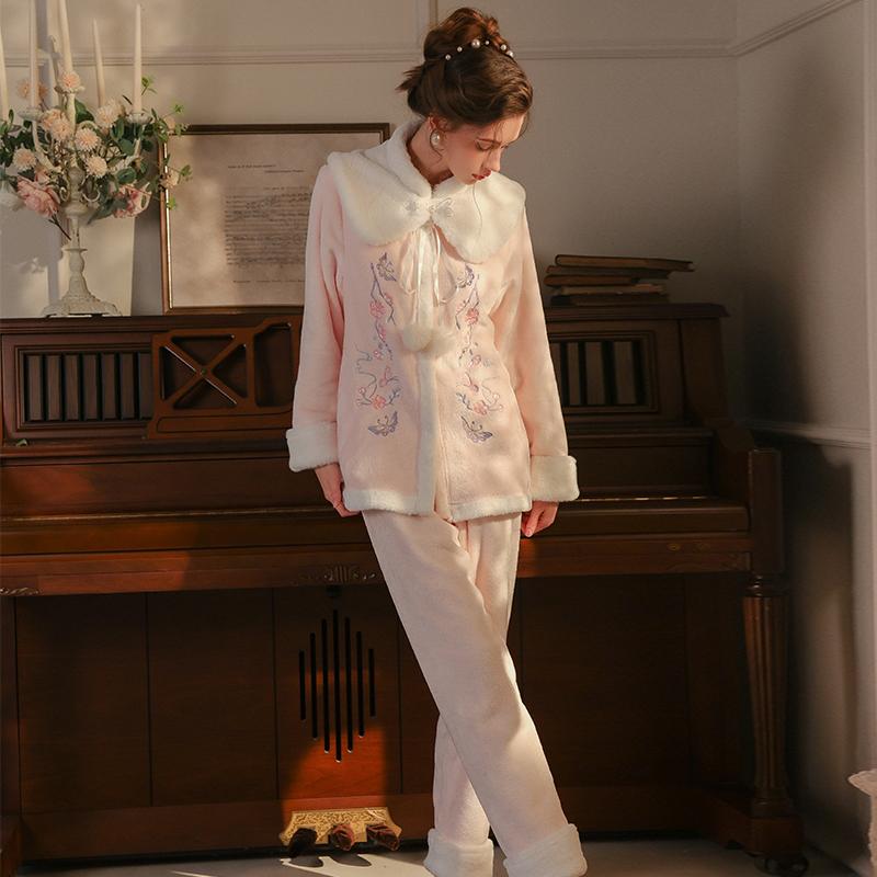 Women’s Plush Sleeping Suits Sexy Thick Velvet Embroidered Outer Robe and Pants Lounge Pajamas Comfortable Clothing