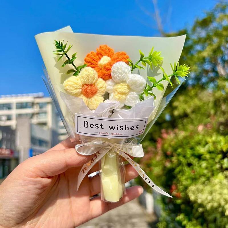 Mini Crochet Flowers Artificial Flower Bouquet Handmade Knitted Flowers Bouquet For Wedding Party Decor Valentine'S Day Gift