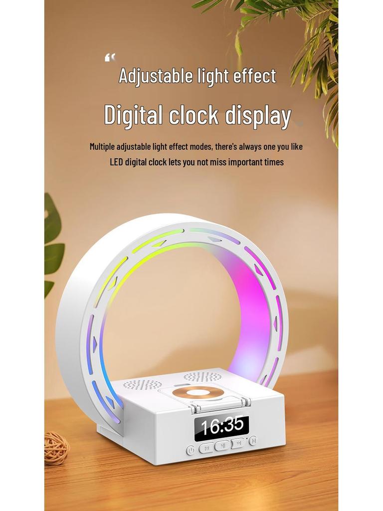 L-35 Bluetooth Speaker with Wireless Charger, Night Light, Clock, and Phone Stand