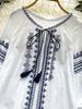 Women's Spring Autumn Shirt New Retro Bohemian Embroidered Lace Up Lantern Long Sleeves Blouse Top