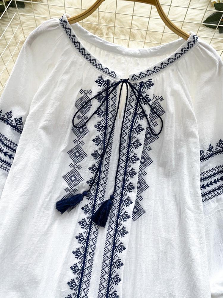 Women's Spring Autumn Shirt New Retro Bohemian Embroidered Lace Up Lantern Long Sleeves Blouse Top