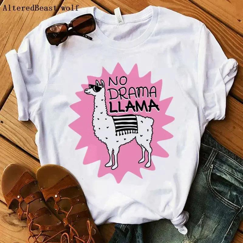 NO DRAMA LLama TShirts Women Funny Printed Llama T Shirt Femme Women Cartoon Short Sleeve White Tops Christmas Tshirt Clothes