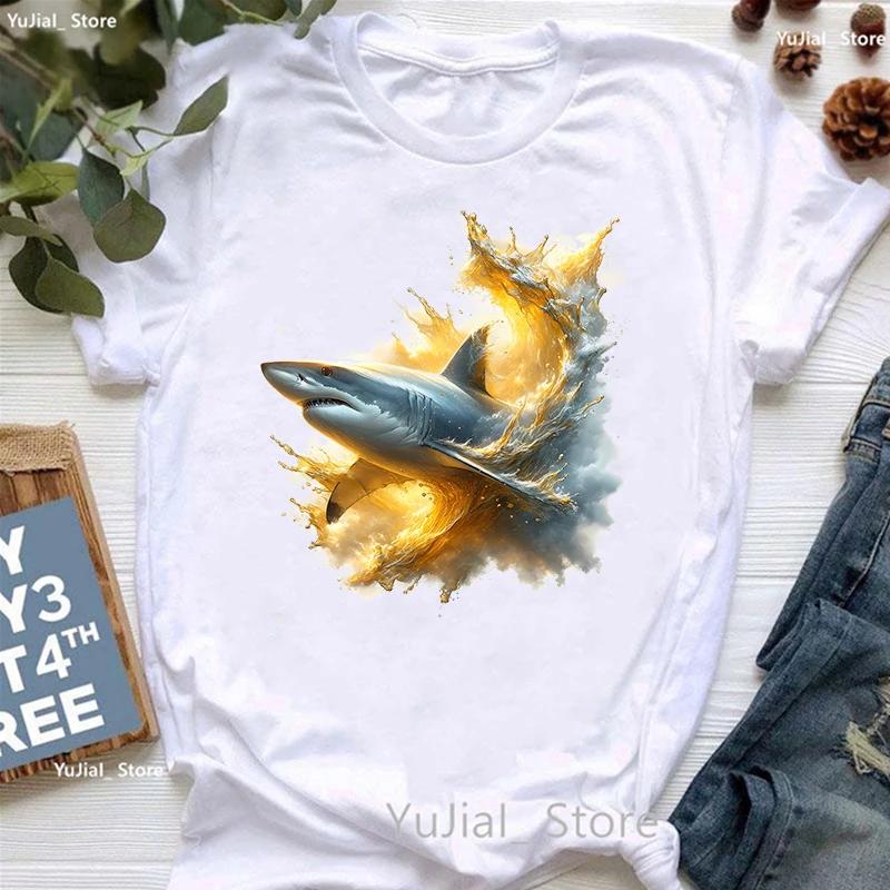 Golden Shark Printed T Shirt Unisex Clothes 2024 Summer Fashion Tops Tee Shirt Femme Harajuku Shirt Casual Funny Tshirt Female