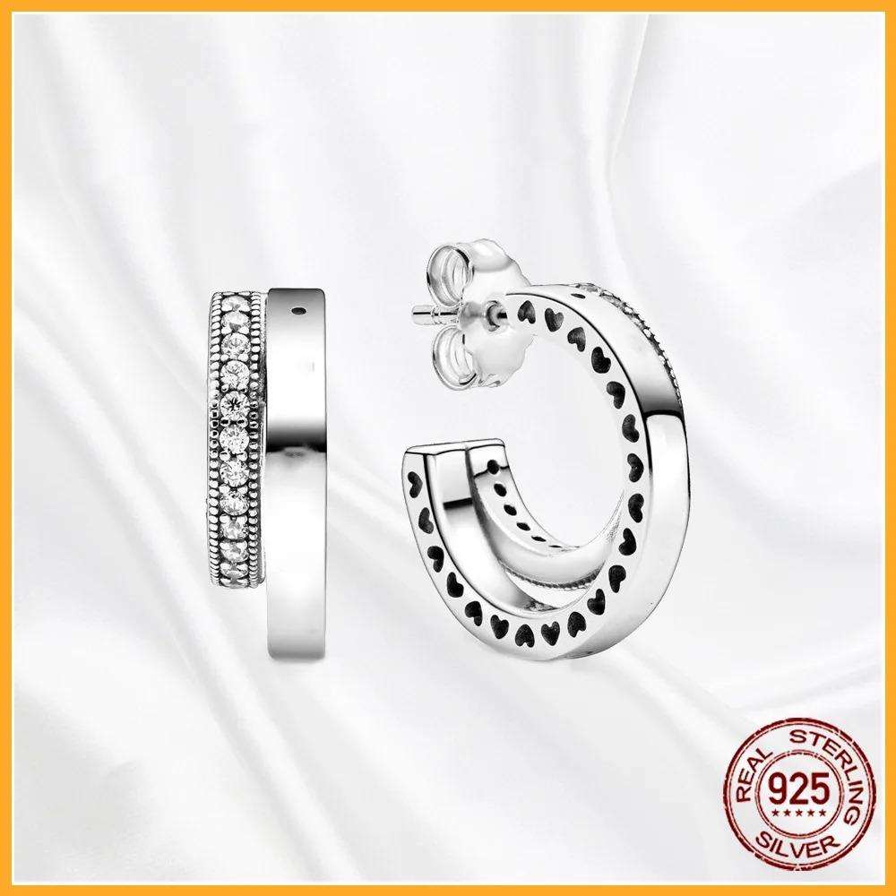 925 Silver Heart Hoop Earrings Sparkling Original Jewelry Gift for Women