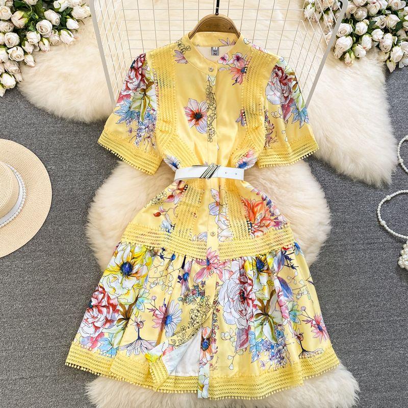 

Summer Retro Stand Collar Positioning Print Dress Short Sleeve Yellow S