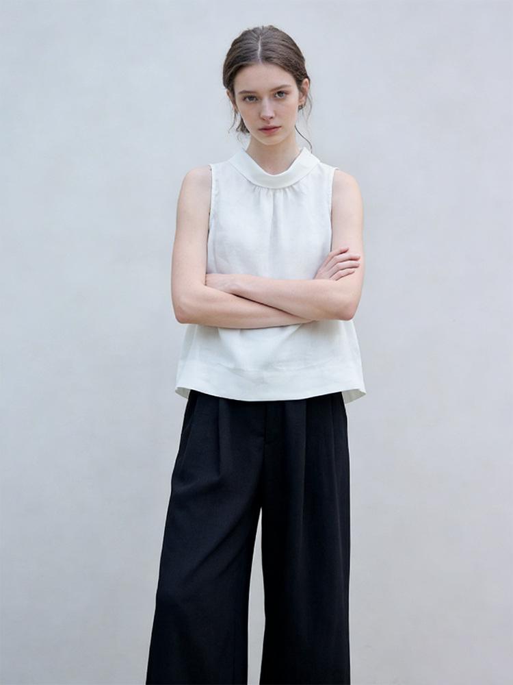 Women's Versatile Pure Linen Stand-Collar Vest, Spring/Summer A-Line Silhouette Sleeveless Top