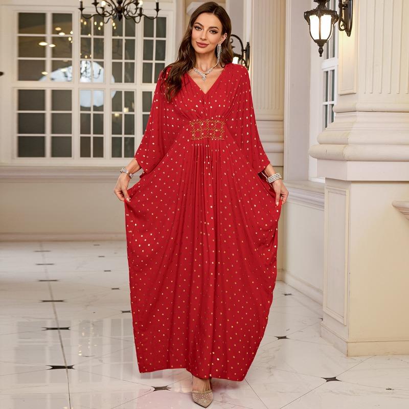 Women's Fashion Spring Fall Polka Dot Print Long Sleeve V-Neck Loose Waistline Casual Dresses