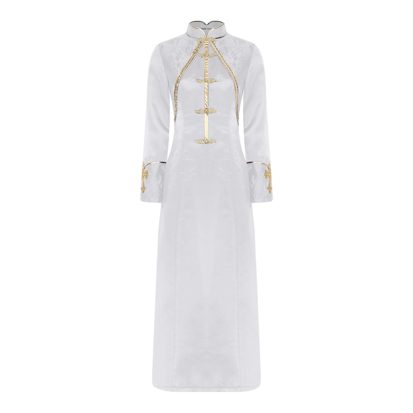 

Womens Clergy Long Robe Dress Gold Cross Embroidery Lace Button Decor Stand Collar Long Sleeve Cassock S білий