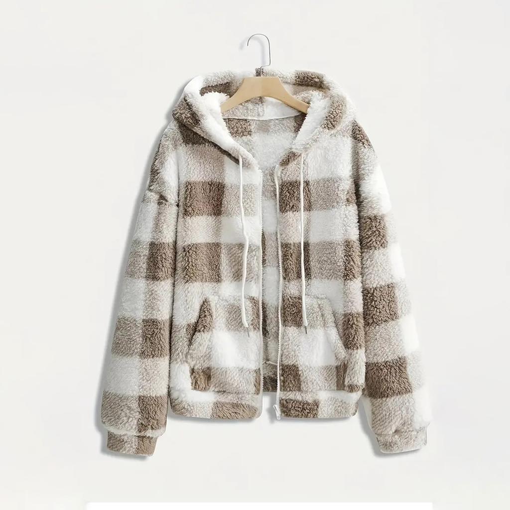 Women's Fashionable Plaid Long Sleeved Hooded Pocket Plush Casual Jacket Jacket