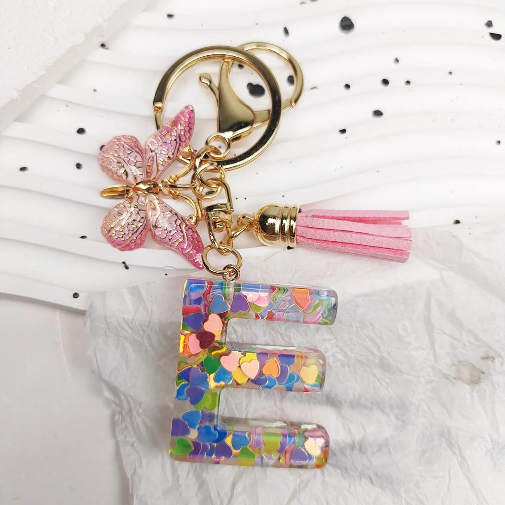 A-Z Dreamy Letters Keychain for Women Tassels Butterfly Pendant Initial Keyrings Purse Suspension Bags Car Key Chain Pink