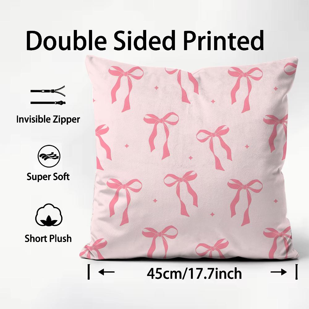 Pink Bow INS Cushion Cover Plush Fabric Soft DoubleSided Printed Sofa Warm Winter Home Child Gift Pillow Case