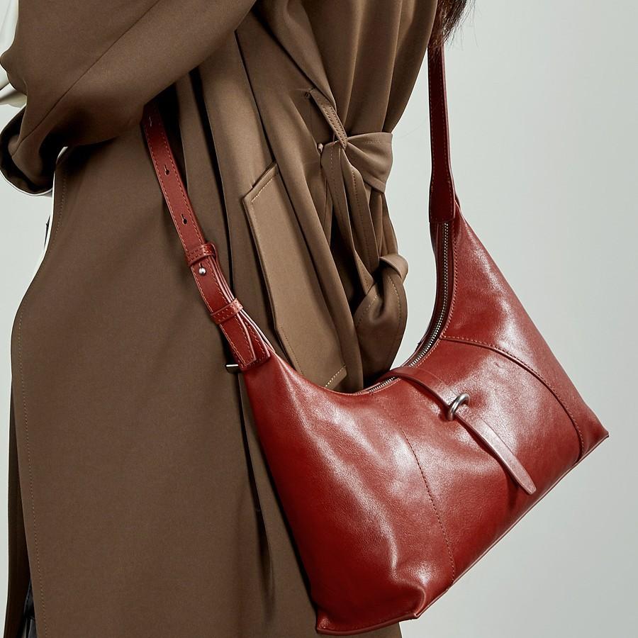 First Layer Crystal Vegetable Tanned Cowhide Retro Dumpling Bag Genuine Leather Shoulder Underarm Baguette Bag Hobo Women'S Bag