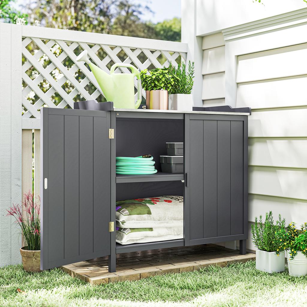 Standing Garden Storage Cabinet, 2-in-1 Potting Table Double Door, Shelf, Galvanized Metal Tray - Grey