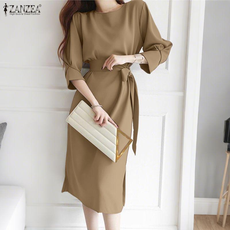 ZANZEA Women Casual Round Neck Loose 3/4 Sleeve Dress
