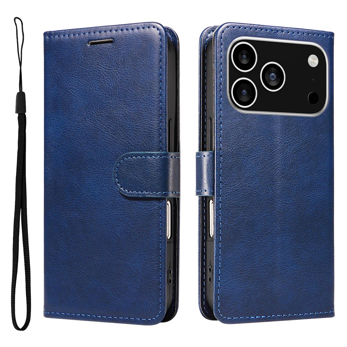 

For iPhone 17 Pro Leather Wallet Case with Strap Solid Color Phone Stand Cover Blue
