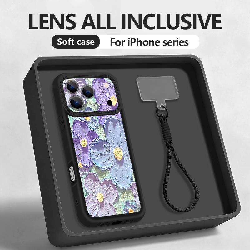 Wrist Strap Lanyard Phone Case For iPhone 17 Pro Max 17E 16E 16 14 15 Pro 12 13 Pro Max 11 Oil Painting Flower Pattern TPU Cover