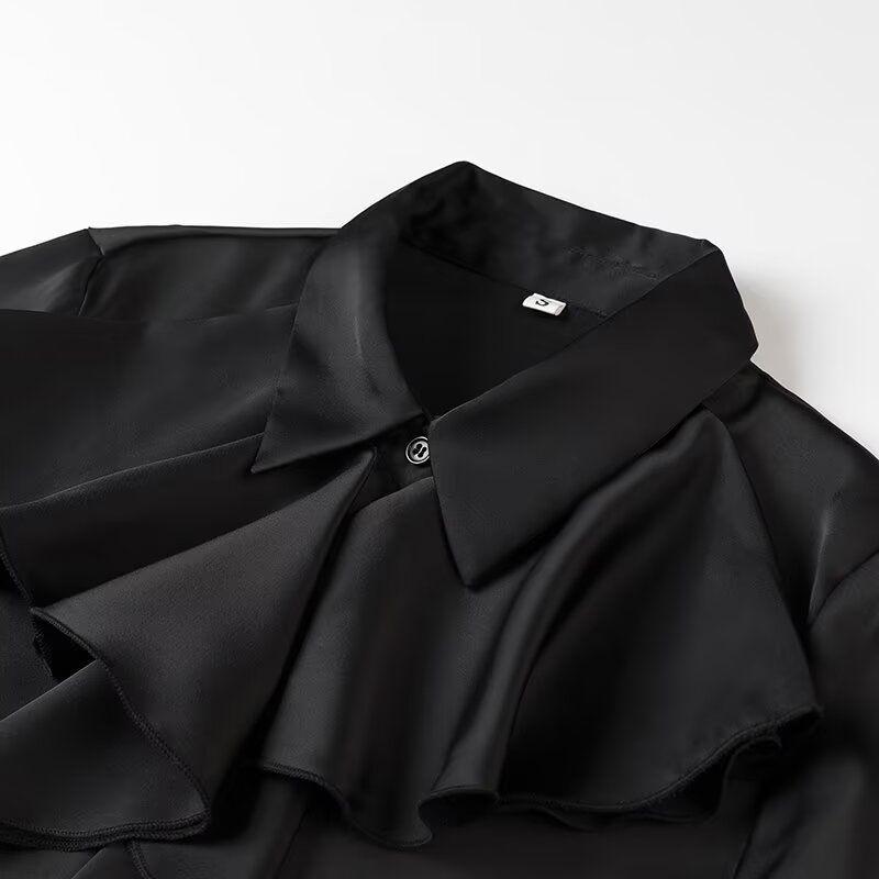 Kaslead New Women clothes Western Style Fashion Silk Satin Texture Frill Long sleeve Shirts