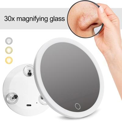 10CM 30X Magnifying Mirror with Tweezers Portable Travel LED Makeup Mirror with 3 Suction Cups Rechargeable Dimmable Magnified Vanity Mirror