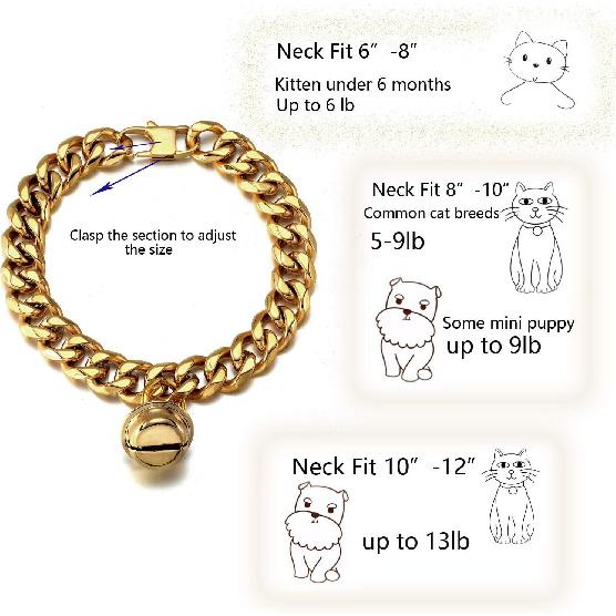 18K Gold Cat Dog Collar Kitten Puppy 1/2inch 12mm Wide Stainless Steel Kitten Choker Curb Chew Proof Cuban Link Chain with Bell (Neck Fit 6"-8")