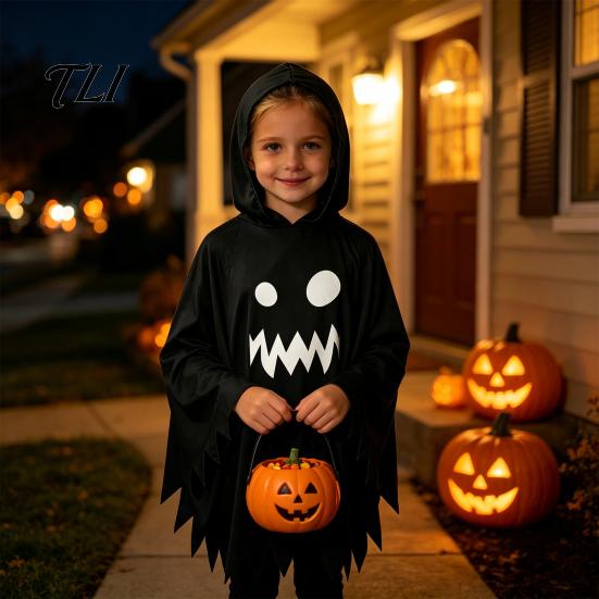 Schwarz-Weiß Geisterumhang Halloween mit Kapuze, Lockerer Schnitt Unregelmäßiger Saum Kostümparty Kleidung für Cosplay Party, Gruseliger Pullover Umhang Kinder Erwachsene