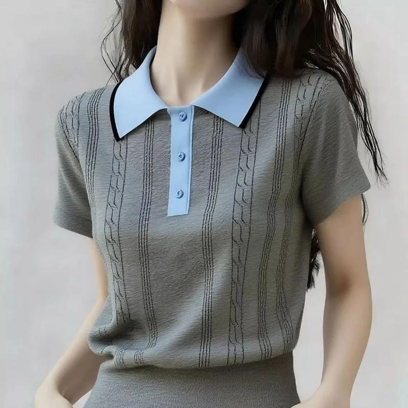 Women s Grey Cable Knit Contrast Collar Polo Neck Short Sleeve Slim Knit Top S