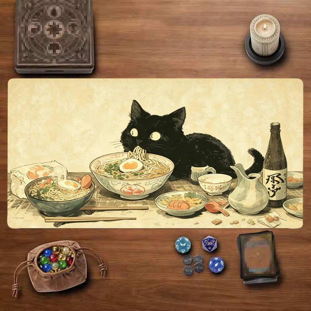 Black Cat Noodle TCG Playmat Mouse Pad Playmat 24"X14" MTG TCG Office Desk Mat for Work Game PC Laptop Rug Carpet MousePad