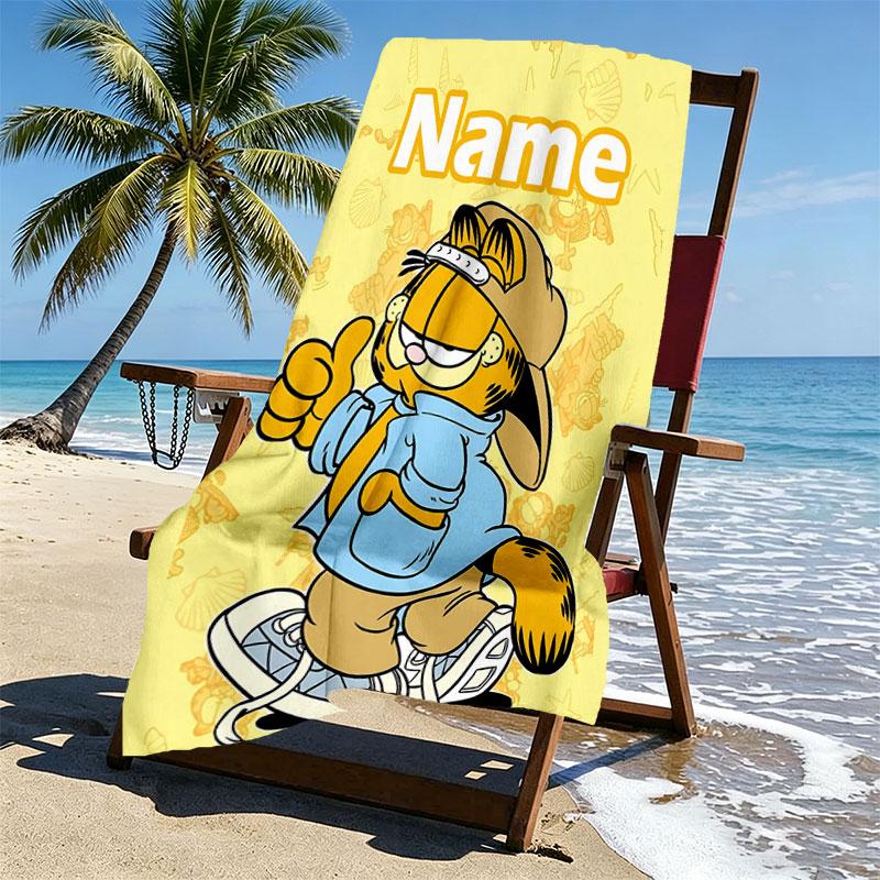 Custom Name Personalized Garfield Print Beach Towel, for Trip Camping Beach Party Home Decor, Birthday Gift for Family & Friends