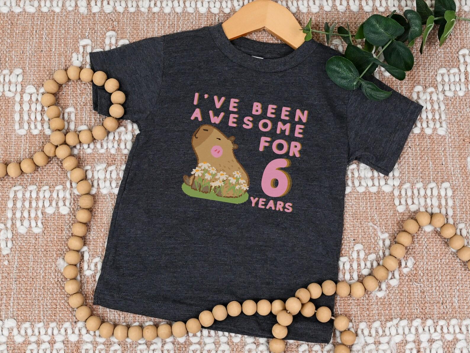 Capybara 6th Birthday Shirt for Girls, Sixth Birthday Party Tshirt, Cute Preppy Bday Shirt for Capybara Lovers, 6 Year Old Pink Capy Themed 160