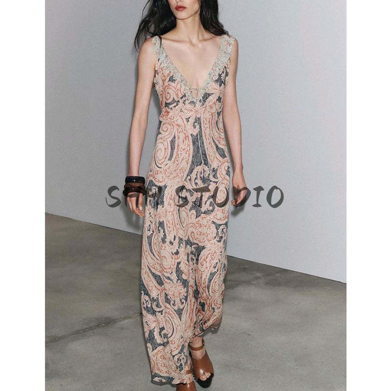 Summer Women clothes Laminated Decoration V-neck Sleeveless A- line Hem Print Underwear Dress 3545575