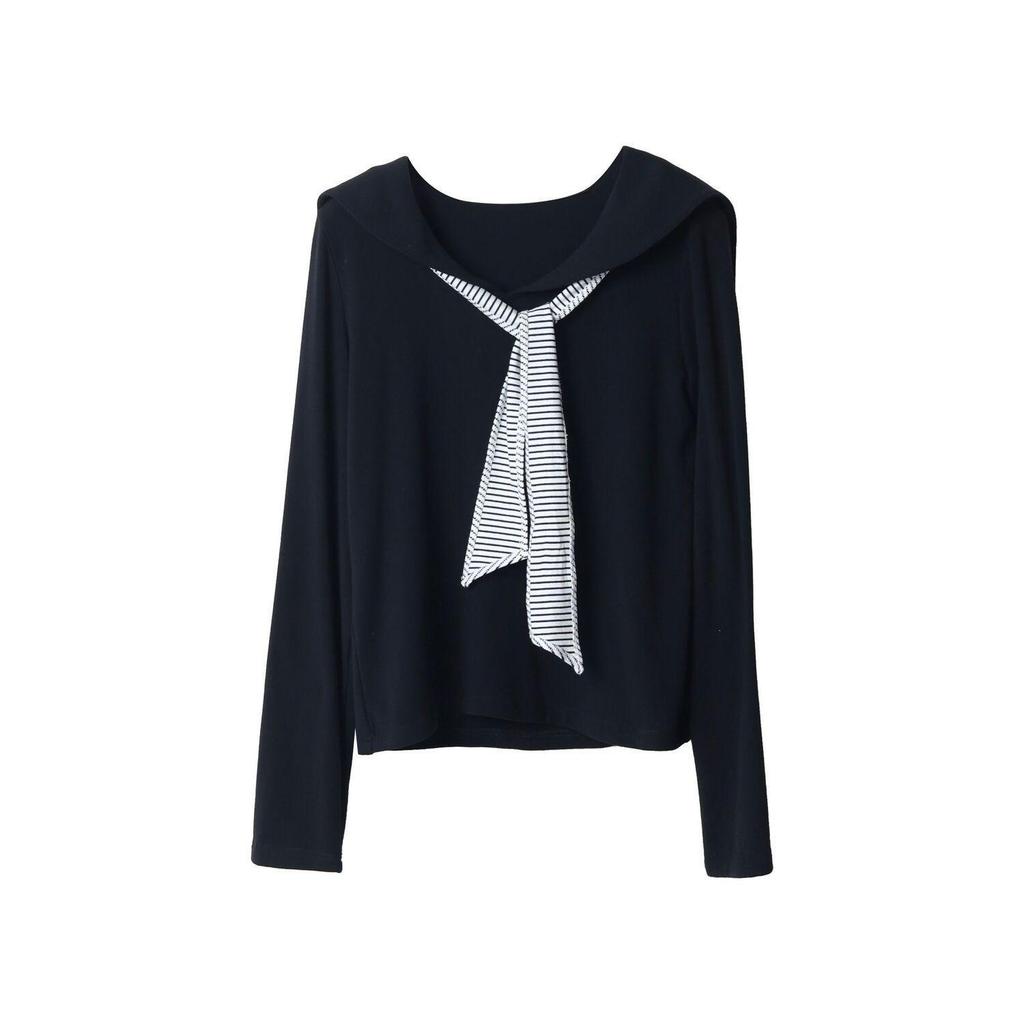 Korean Style Drop Shoulder Naval Collar Long Sleeve Top for Women, Slim Fit Flowy Ribbon Design, Perfect for Spring/Autumn.