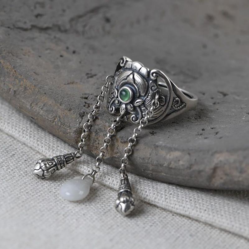 Natural Hetian Jasper Bat Thai  Tassel Opening Ring Retro Designer Craft Light Luxury Charm Women'S  Jewelry