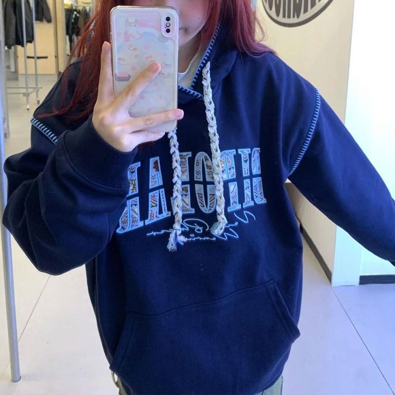 Female Clothing Letter Embroidery Hoodies Chic Drawstring Hooded Autumn Winter Fleece Spliced American Casual Loose Sweatshirts