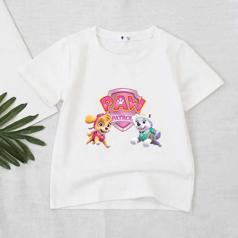 Wangwang Team Printed T-shirt, White Girls' Summer Clothing, Cartoon Children's Short Sleeved T-shirt, Cute Casual Top