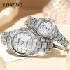 LONGBO 83611 Quartz Watches Waterproof Luminous Stainless Steel Calendar Full Diamond Gold Design Luxury Wristwatch for Couple