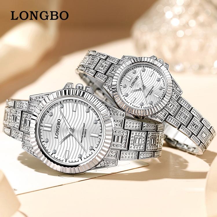 LONGBO 83611 Quartz Watches Waterproof Luminous Stainless Steel Calendar Full Diamond Gold Design Luxury Wristwatch for Couple