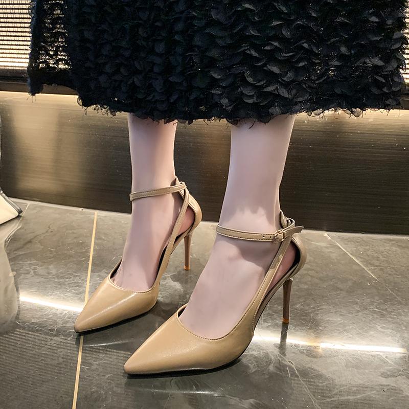Metal Buckle Stiletto Sandals Autumn New Pointed Toe Shallow Mouth One Strap Anti-Slip Wear-Resistant High Heels