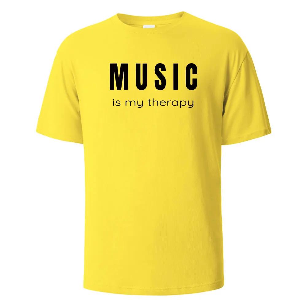 Musik är min terapi Tryck T-shirt Casual Kortärmade Toppar Sommar T-shirts För Män Kvinnor 100% Bomull O-hals Oversize Streetwear Topp