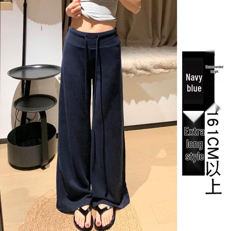 Women's Dark Blue High Waist Wide Leg Sweatpants - Summer 2025 Collection: Slimming, Petite, Straight Leg, Spring/Autumn.