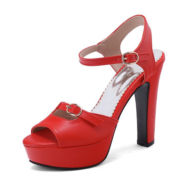 Red Sexy Women Sandals Peep Toe 12cm Block Heel 3.5cm Platform Buckle Strap Extended Size 48 49 50 Party Dating Shoes