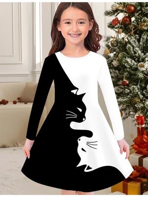 Girls' Autumn and Winter Fashion Dress, 3D Black Cat Print Round Neck Long Children's T-shirt Dress, Casual Versatile, Christmas Clothing